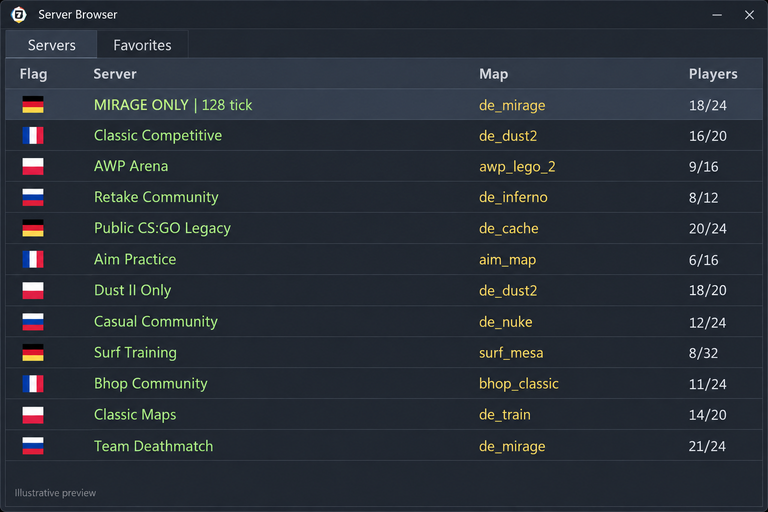 7Launcher CS:GO — Браузер серверов — иллюстрация
