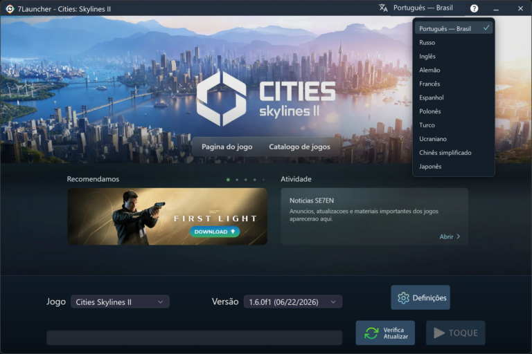 Janela principal do 7Launcher — Cities: Skylines II com a lista de idiomas