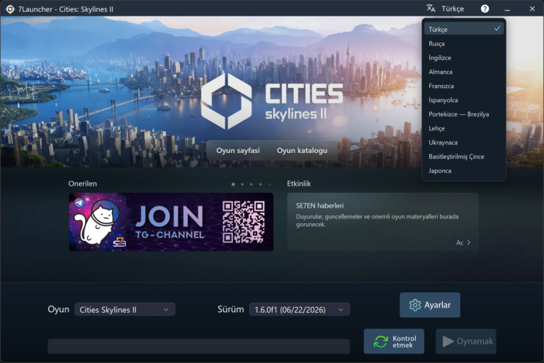 Dil listesi açık 7Launcher ana penceresi — Cities: Skylines II