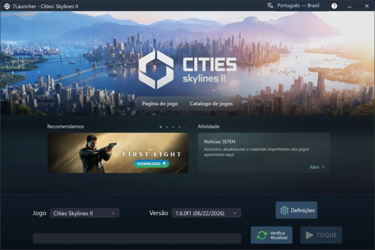 Janela principal do 7Launcher — Cities: Skylines II