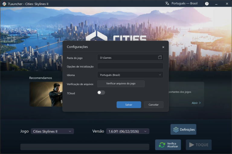 Janela de configurações básicas do 7Launcher — Cities: Skylines II