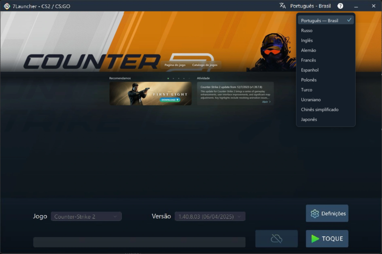 Janela principal do 7Launcher — Counter-Strike 2 com lista de idiomas