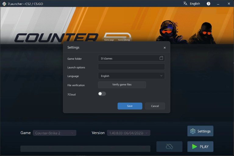 7Launcher basic settings window — Counter-Strike 2
