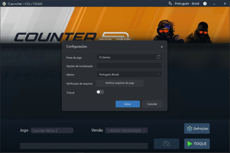 Janela de configurações básicas do 7Launcher — Counter-Strike 2