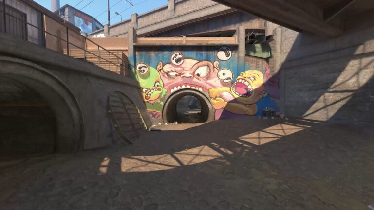 Graffiti and architecture on a Counter-Strike 2 map