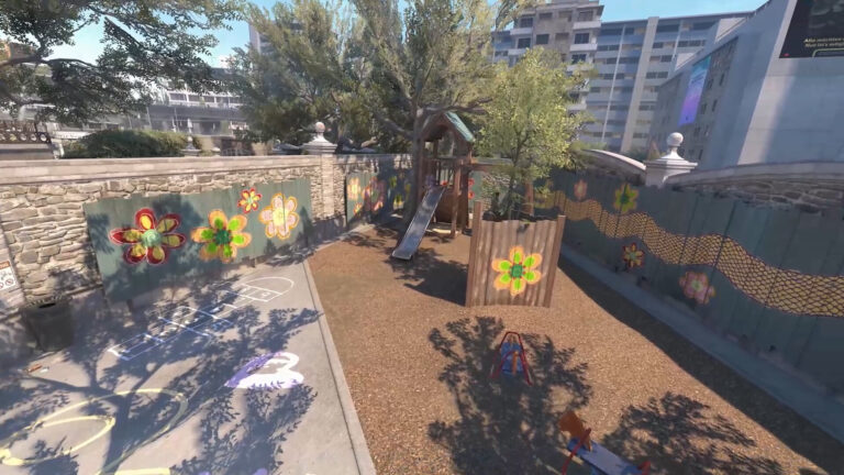 Playground with a wooden slide, playhouse, and bright flower murals along a stone wall in a sunny urban courtyard.