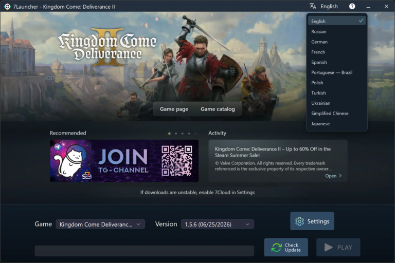 7Launcher main window — Kingdom Come: Deliverance II with the language list