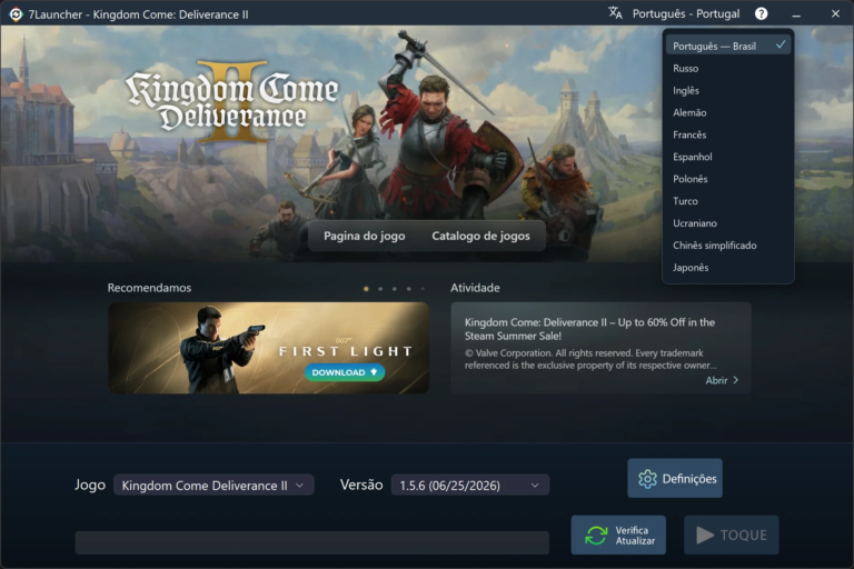 Janela principal do 7Launcher — Kingdom Come: Deliverance II com a lista de idiomas