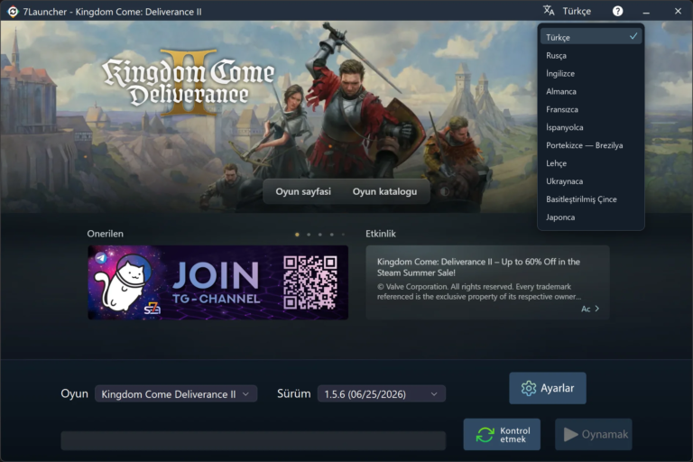 Dil listesiyle 7Launcher ana penceresi — Kingdom Come: Deliverance II