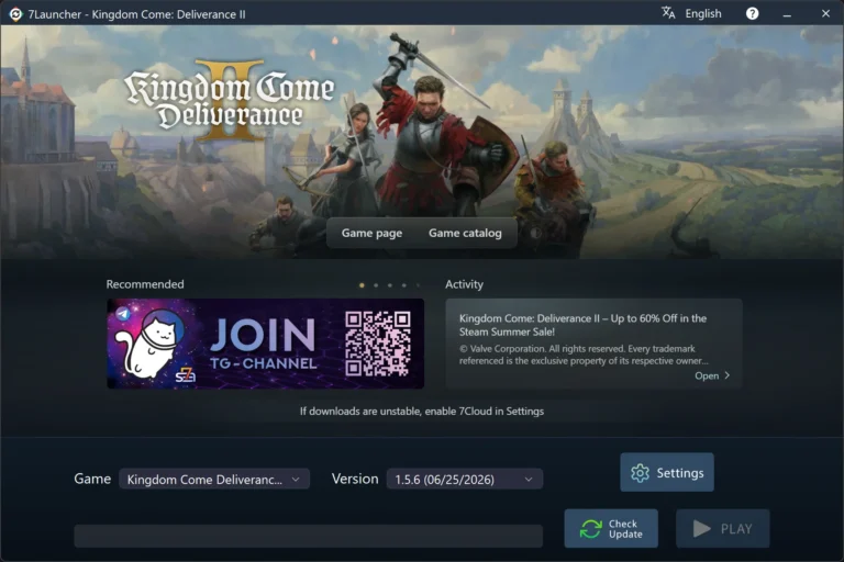 7Launcher main window — Kingdom Come: Deliverance II