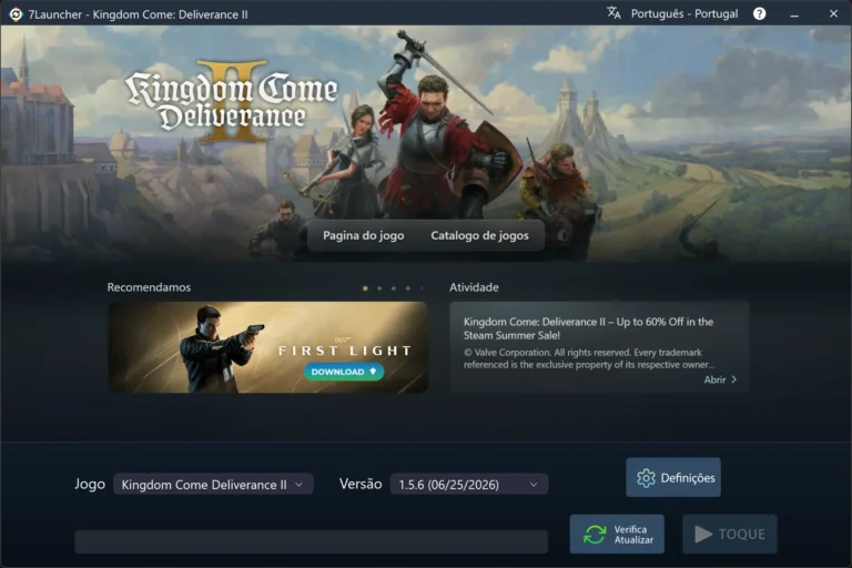 Janela principal do 7Launcher — Kingdom Come: Deliverance II