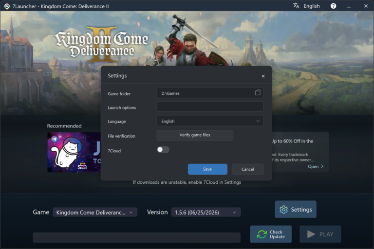 7Launcher basic settings window — Kingdom Come: Deliverance II