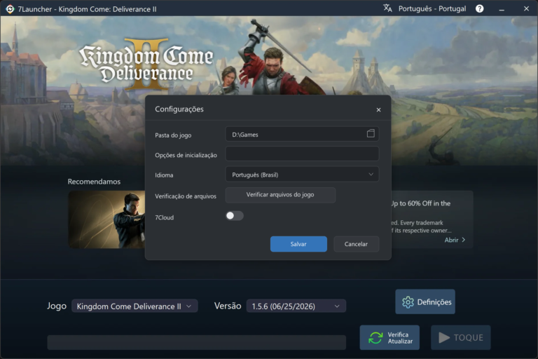 Janela de configurações básicas do 7Launcher — Kingdom Come: Deliverance II