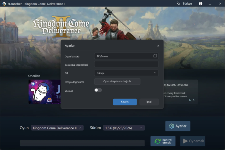 7Launcher temel ayarlar penceresi — Kingdom Come: Deliverance II
