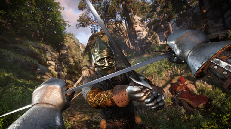 A first-person sword fight with an armoured opponent in Kingdom Come: Deliverance II
