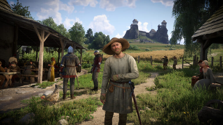 Henry speaking with a villager near a castle in Kingdom Come: Deliverance II