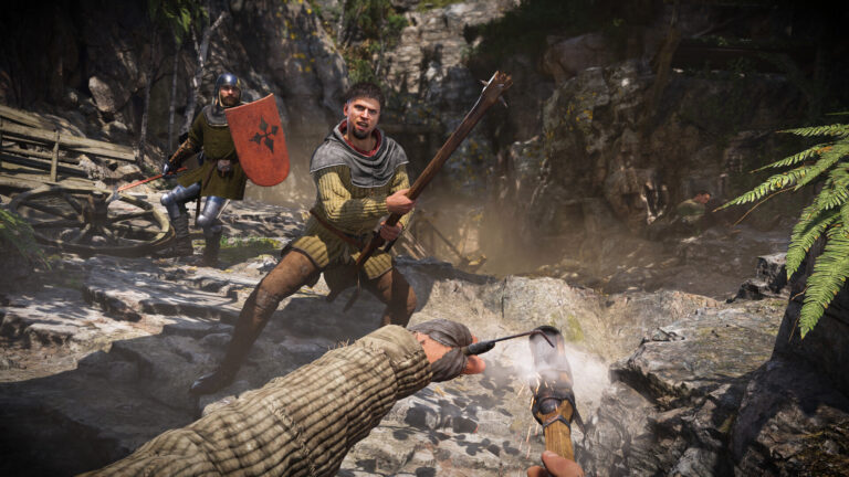A first-person fight with bandits in a rocky ravine in Kingdom Come: Deliverance II