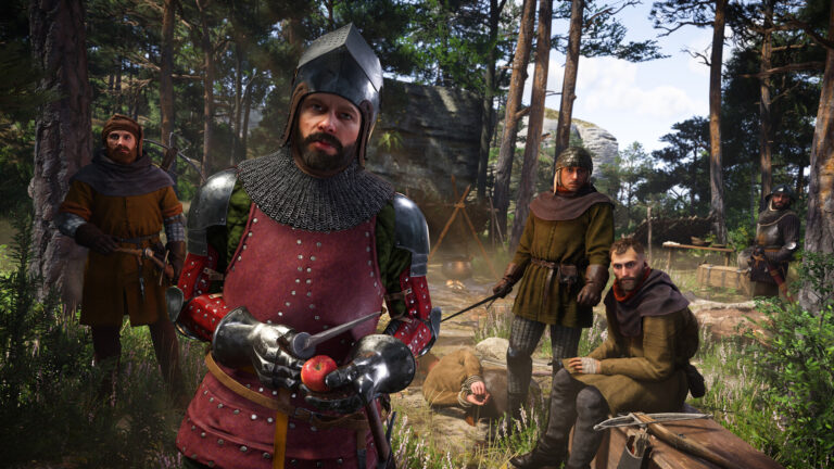 Armoured soldiers gathered in a forest in Kingdom Come: Deliverance II