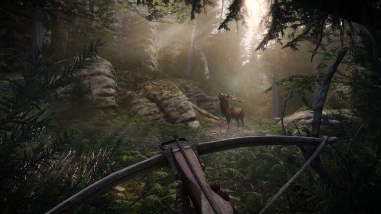 A crossbow aimed at a deer in a forest in Kingdom Come: Deliverance II