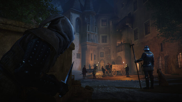 Guards and a carriage in a town courtyard at night in Kingdom Come: Deliverance II