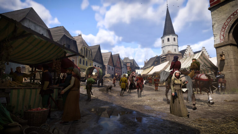 A busy medieval town market in Kingdom Come: Deliverance II