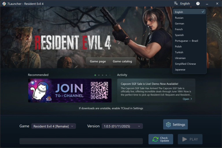7Launcher main window — Resident Evil 4 Remake with language list