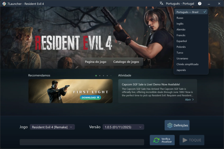 Janela principal do 7Launcher — Resident Evil 4 Remake com a lista de idiomas