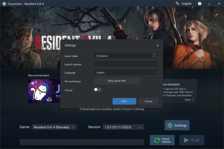 7Launcher basic settings window — Resident Evil 4 Remake