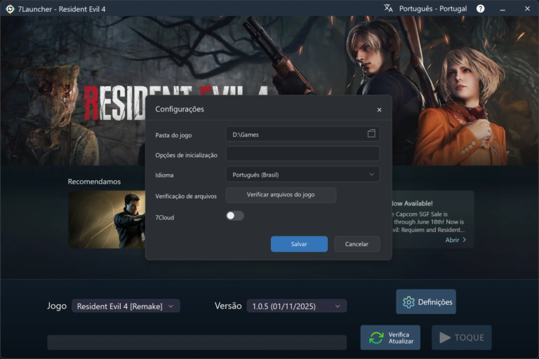 Janela de configurações básicas do 7Launcher — Resident Evil 4 Remake