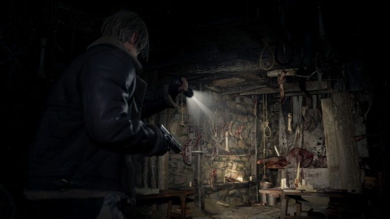 Leon explores a dangerous location in Resident Evil 4