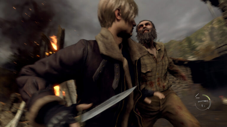 Leon uses the combat knife to parry an attack in Resident Evil 4