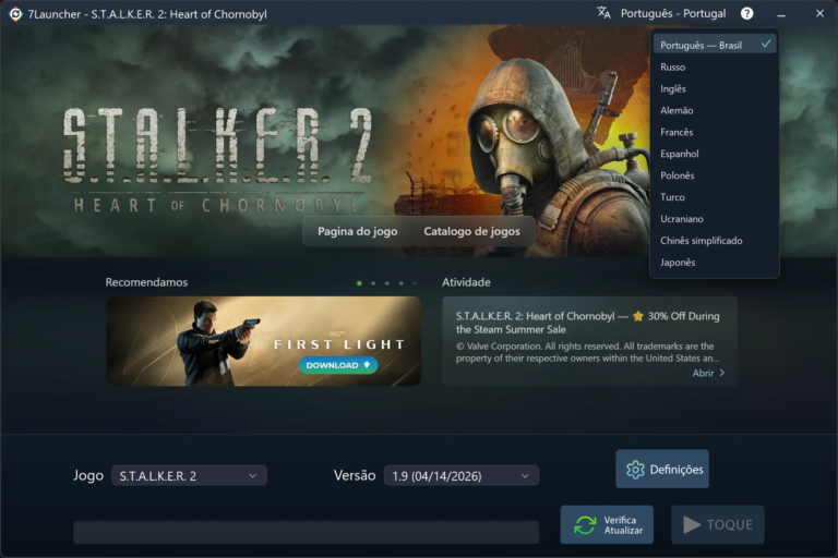 Janela principal do 7Launcher — S.T.A.L.K.E.R. 2: Heart of Chornobyl com a lista de idiomas