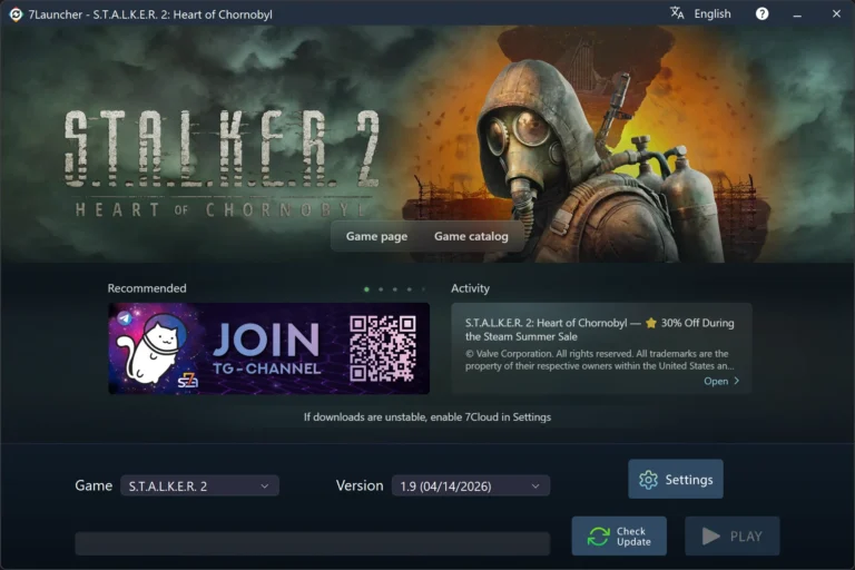 7Launcher main window — S.T.A.L.K.E.R. 2: Heart of Chornobyl
