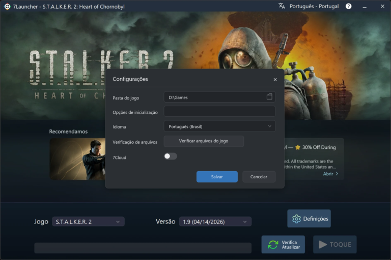 Janela de configurações básicas do 7Launcher — S.T.A.L.K.E.R. 2: Heart of Chornobyl