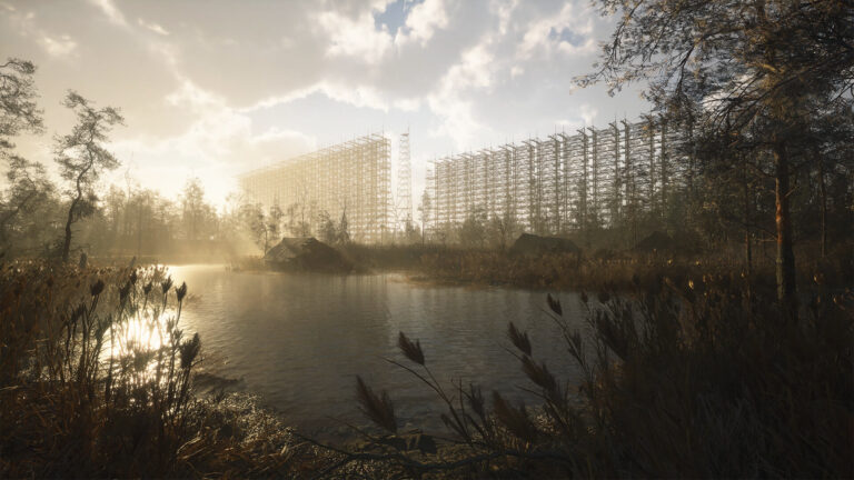 A sunlit wetland and the Duga radar array in the Zone