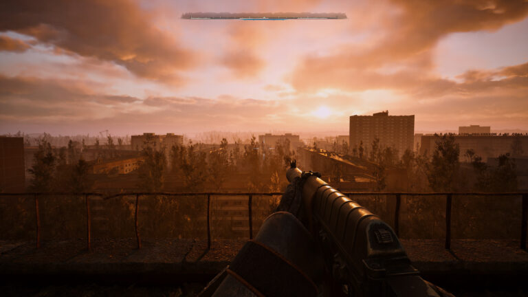 A panoramic sunset view across the abandoned city