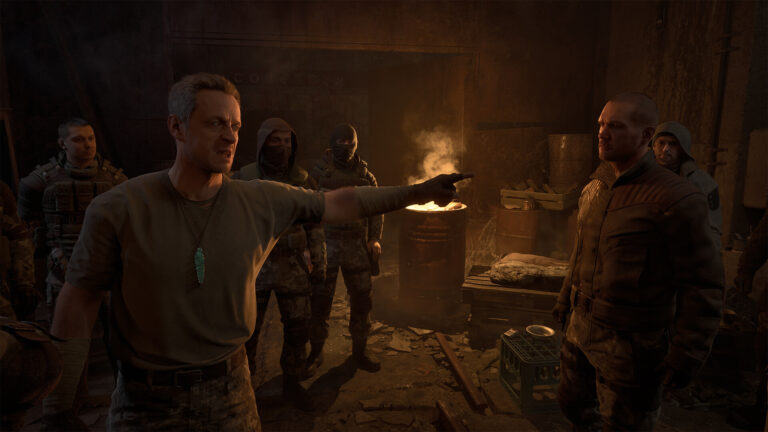 Stalkers confront one another inside a dimly lit camp