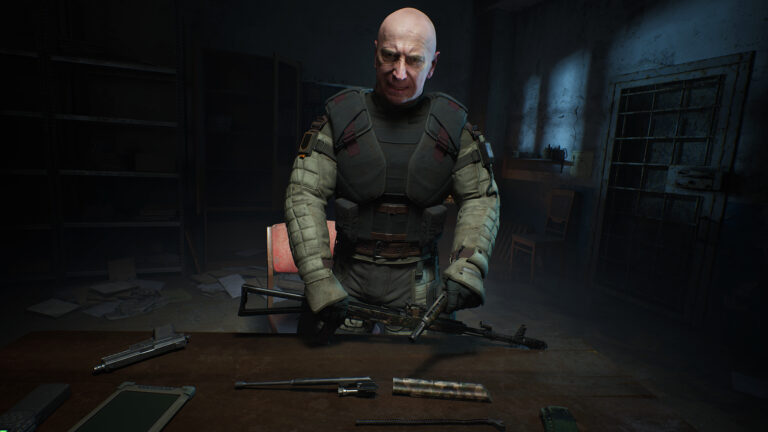 A Zone weapons trader presents his equipment