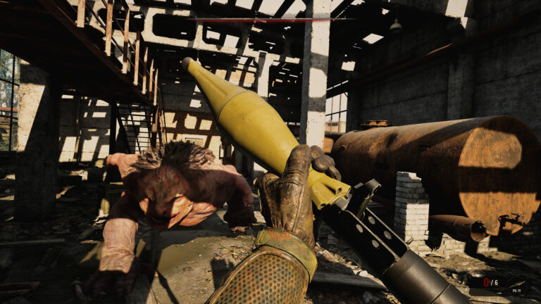 A close-range firefight against a mutant inside an industrial ruin