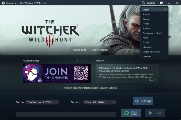 Janela principal do 7Launcher — The Witcher 3 com lista de idiomas