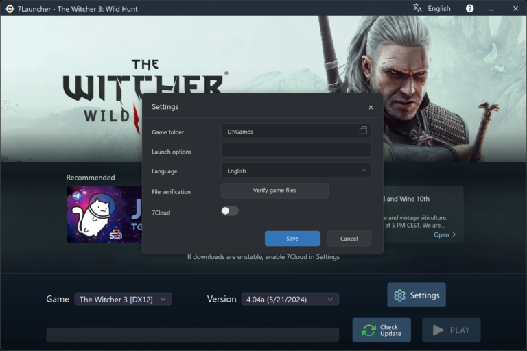 7Launcher basic settings window — The Witcher 3