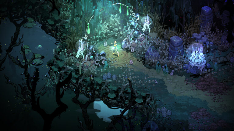 Melinoe explores a moonlit grove in Hades II