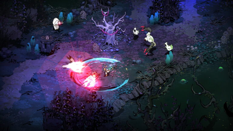 Melinoe fights shades in a forest arena in Hades II