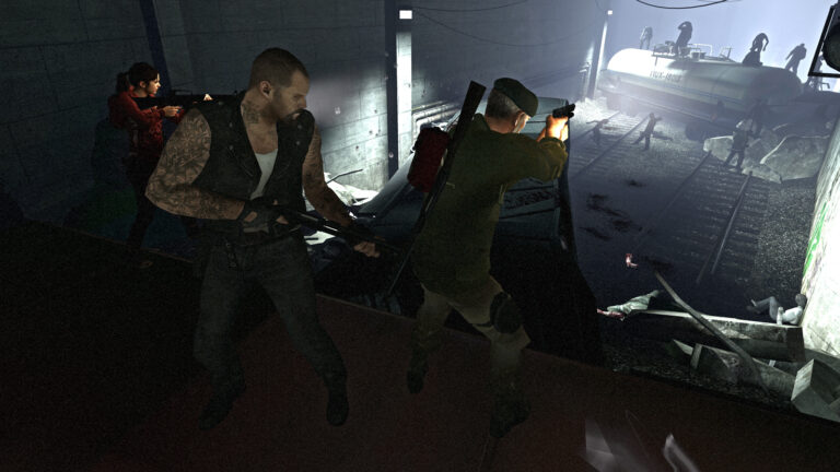 Group of armed survivors sprint along a ledge above a subway tunnel, aiming guns toward a distant train car and shadowy figures below.
