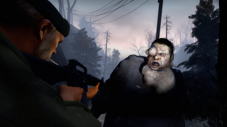 Survivor in a dark coat aims a rifle at a zombie in a desolate, misty forest.
