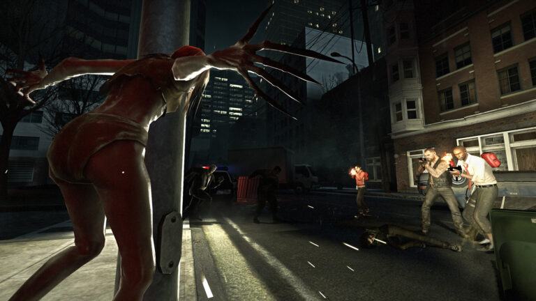 Zombie creature lunges from the left as armed civilians fire at it on a dark city street at night; a fallen figure lies nearby.