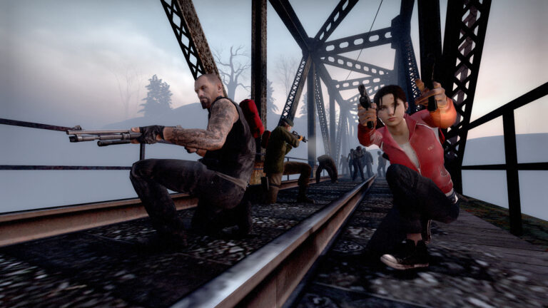 Armed survivors crouch on a rusted railroad bridge, guns ready, as a tense group advances into the foggy landscape.
