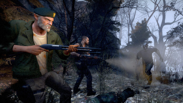 Three men with shotguns advance through a dark forest, firing at a zombie-like figure emerging in the misted clearing.