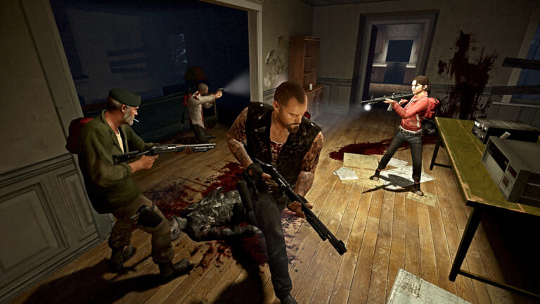 Group of armed characters in a blood-splattered room; central man with rifle leads escape or confrontation while others shoot from doors and corners.