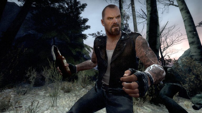 Tattooed biker in a leather vest brandishing a beer bottle in a dark forest, snarling at the camera.